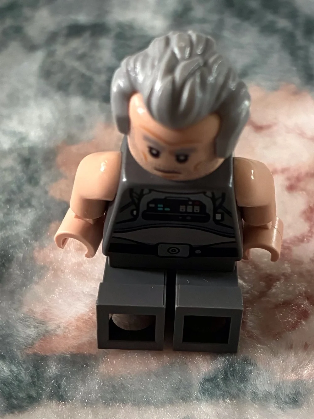 Lego Gray-Haired Male Minifigure with Dark Gray Outfit